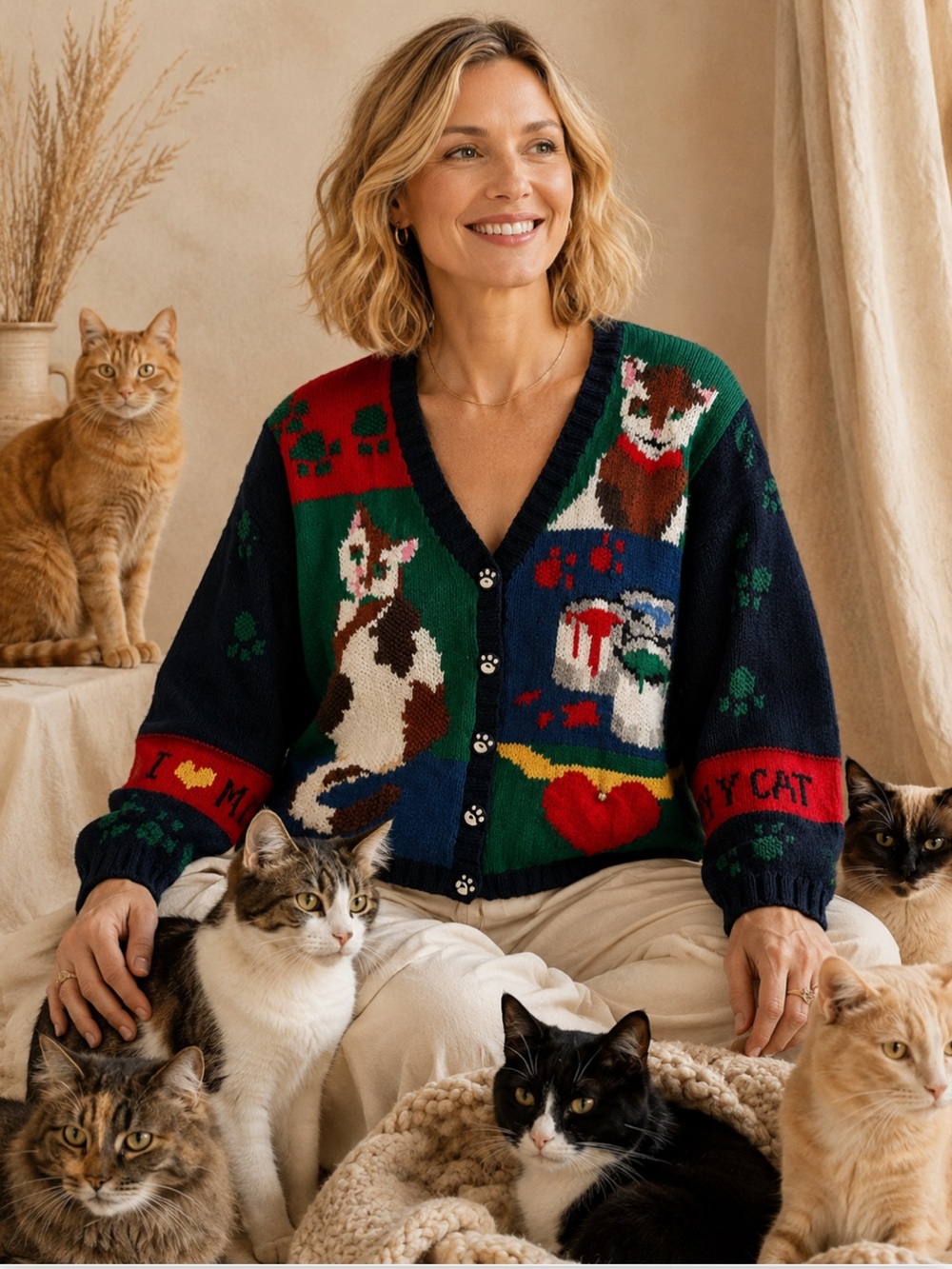 Vintage Cat Lady Hand Knit Cardigan Rare 90s Novelty Kitschy 1X Grandma
